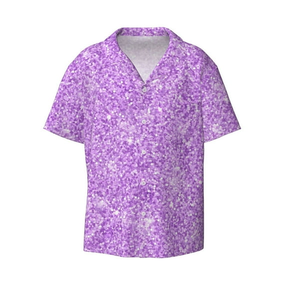 Balery Lilac Glittering Men's Casual Button Down Shirt Short Sleeve Textured Summer Cuban Beach Shirts-Small
