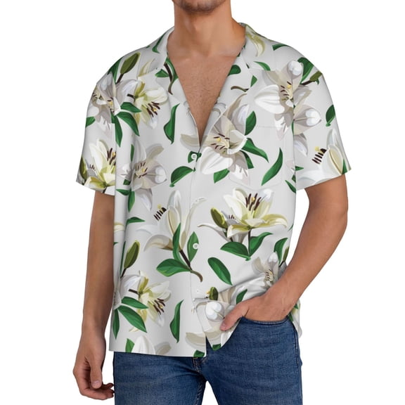 Balery Lilies Flowers Men's Casual Button Down Shirt Short Sleeve Textured Summer Cuban Beach Shirts-4X-Large