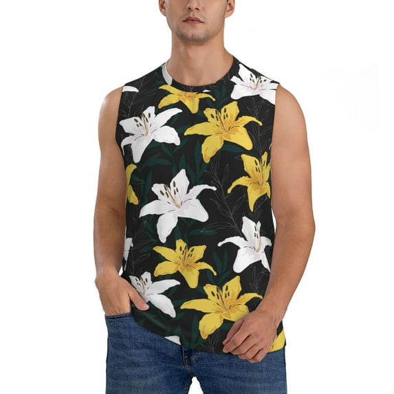 Balery Lilies Flowers Men's Sleeveless Muscle Shirts Workout Tank Top, Moisture Wicking, Odor Protection-X-Large