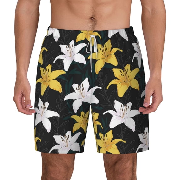 Balery Lilies Flowers Mens Swim Trunks Swim Shorts for Men Quick Dry Inseam Beach Shorts with Compression Liner Pocket-3X-Large