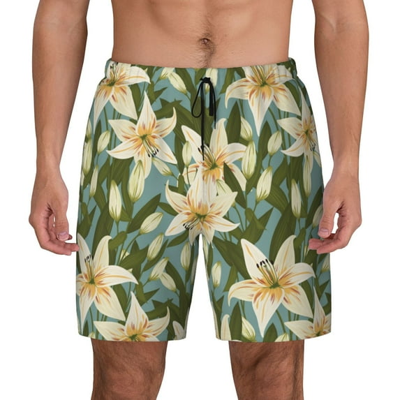 Balery Lilies Flowers Mens Swim Trunks Swim Shorts for Men Quick Dry Inseam Beach Shorts with Compression Liner Pocket-3X-Large