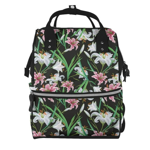 Balery Lilies Flowers Mummy Backpack - Waterproof Twill Canvas, Large Capacity Diaper Bag with Multiple Pockets and Adjustable Straps