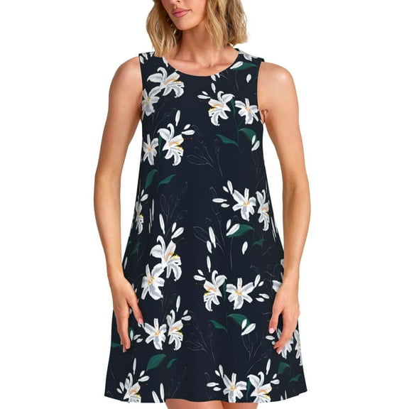 Balery Lilies Flowers Pattern Women’s Summer Dresses – Loose Sleeveless Sundress, Casual and Comfortable Beach Dress for Hot Days