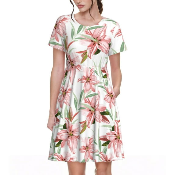 Balery Lilies Flowers Pattern Womens Dresses Loose Short sleeve Sundresses Swimsuit Coverup 2025 Summer Casual Dress for Women - A-Line Swing Dress