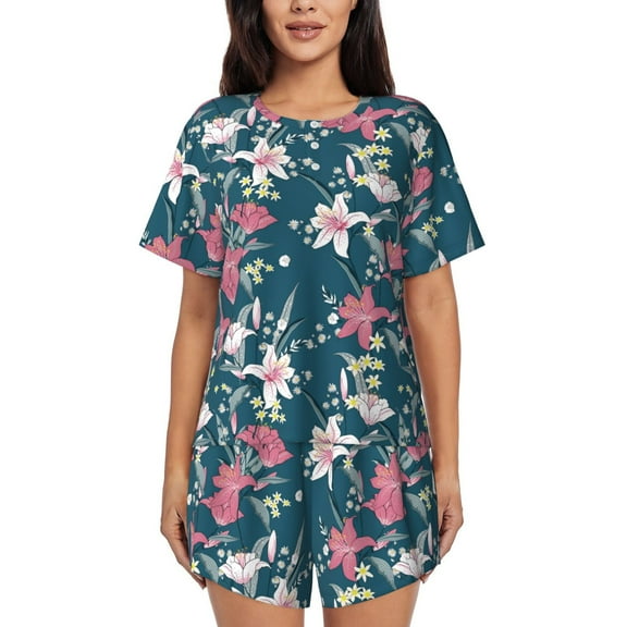 Balery Lilies Flowers Pattern Womens Pajama Sets 2 Piece Soft Short Sleeve Top and Shorts Sleepwear Round Neck Pjs Lounge Set with Pockets-4X-Large