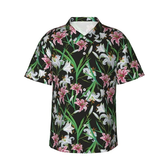 Balery Lilies Flowers Print Men's Hawaiian Shirts Short Sleeve Beach Shirt Relaxed Fit Vacation Button Down Shirts-3X-Large