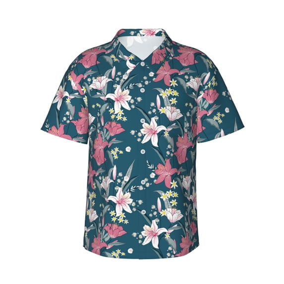 Balery Lilies Flowers Print Men's Hawaiian Shirts Short Sleeve Beach Shirt Relaxed Fit Vacation Button Down Shirts-3X-Large