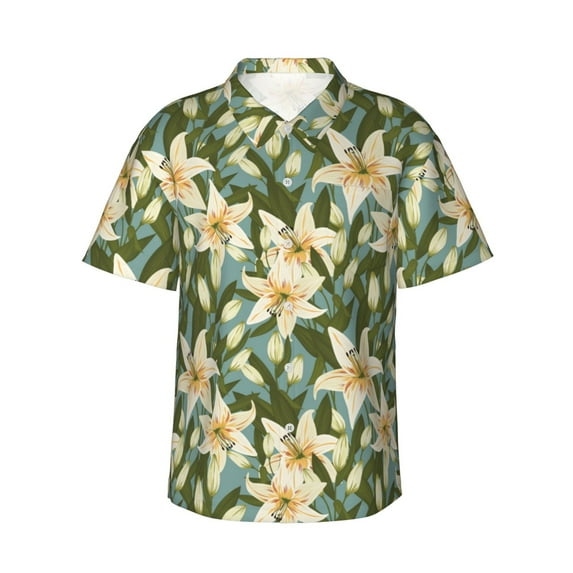 Balery Lilies Flowers Print Men's Hawaiian Shirts Short Sleeve Beach Shirt Relaxed Fit Vacation Button Down Shirts-Large