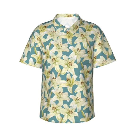 Balery Lilies Flowers Print Men's Hawaiian Shirts Short Sleeve Beach Shirt Relaxed Fit Vacation Button Down Shirts-Large