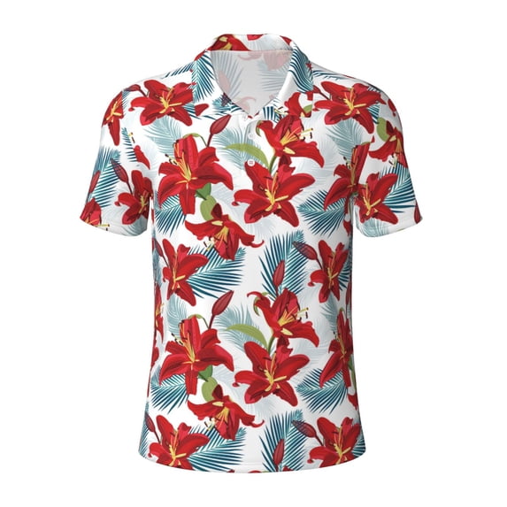 Balery Lilies Flowers Printed Men’s Short Sleeve Polo Shirt, Midweight Men's Shirt,Golf Polo shirts -Medium