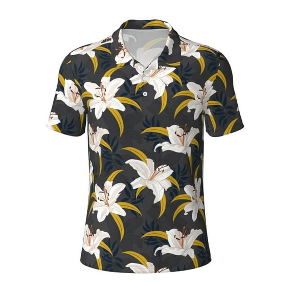 Balery Lilies Flowers Printed Men’s Short Sleeve Polo Shirt, Midweight Men's Shirt,Golf Polo shirts -Small