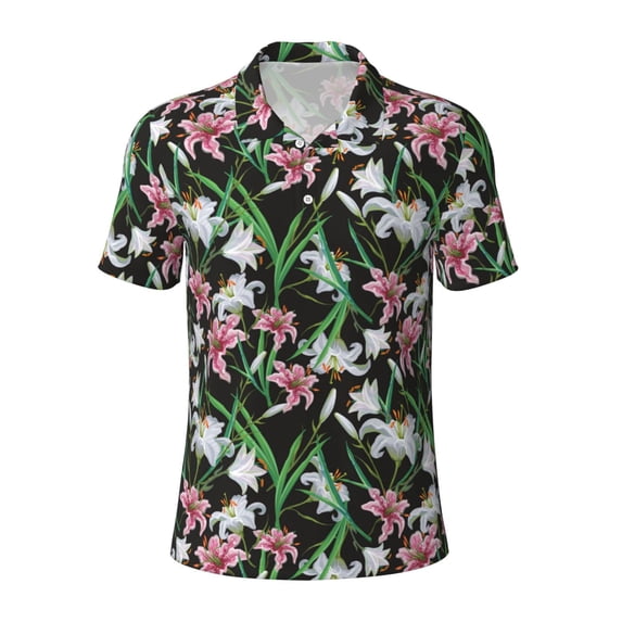 Balery Lilies Flowers Printed Men’s Short Sleeve Polo Shirt, Midweight Men's Shirt,Golf Polo shirts -