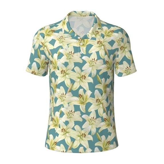 Balery Lilies Flowers Printed Men’s Short Sleeve Polo Shirt, Midweight Men's Shirt,Golf Polo shirts -