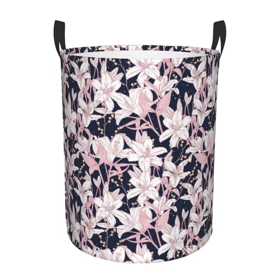 Balery Lilies Flowers Round Laundry Basket with Handles Waterproof Freestanding Laundry Hamper for Clothes Toys in the Dorm and Family-Small