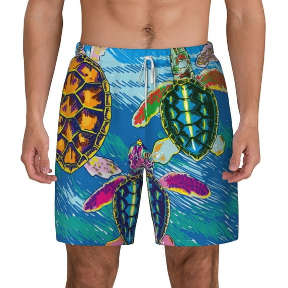 Balery Little Sea Turtles Mens Swim Trunks Swim Shorts for Men Quick Dry Inseam Beach Shorts with Compression Liner Pocket-Large