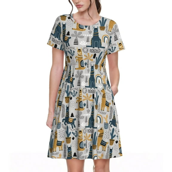 Balery Llama and Cactus1 Pattern Womens Dresses Loose Short sleeve Sundresses Swimsuit Coverup 2025 Summer Casual Dress for Women - A-Line Swing Dress