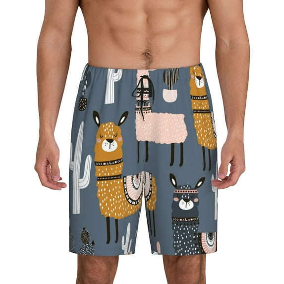 Balery Llama and Cactus Men's Cotton Knit Pajama Shorts Waistband & Pockets,Short Pajama Pants-Small