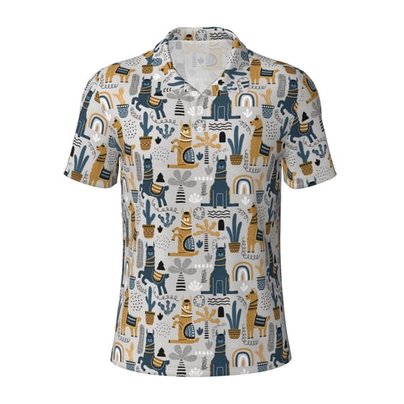 Balery Llama and Cactus1 Printed Men’s Short Sleeve Polo Shirt, Midweight Men's Shirt,Golf Polo shirts -XX-Large