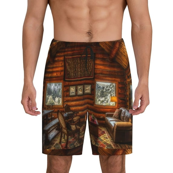 Balery Log Cabin Inside Men's Cotton Knit Pajama Shorts Waistband & Pockets,Short Pajama Pants-Large