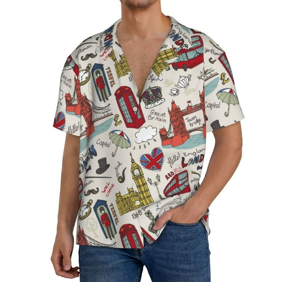 Balery London Landmark1 Men's Casual Button Down Shirt Short Sleeve Textured Summer Cuban Beach Shirts-X-Large