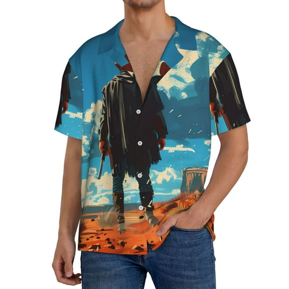 Balery Lone Cowboy Desert Scene Men's Casual Button Down Shirt Short Sleeve Textured Summer Cuban Beach Shirts-Medium