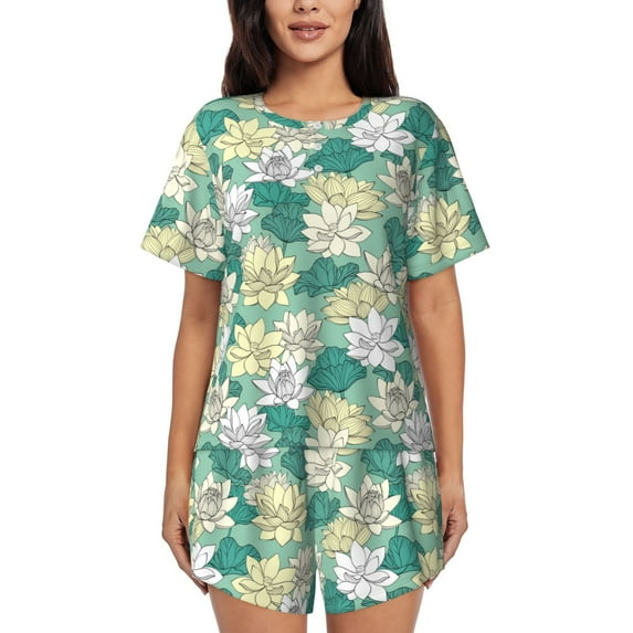Balery Lotus Flower1 Pattern Womens Pajama Sets 2 Piece Soft Short Sleeve Top and Shorts Sleepwear Round Neck Pjs Lounge Set with Pockets-X-Large