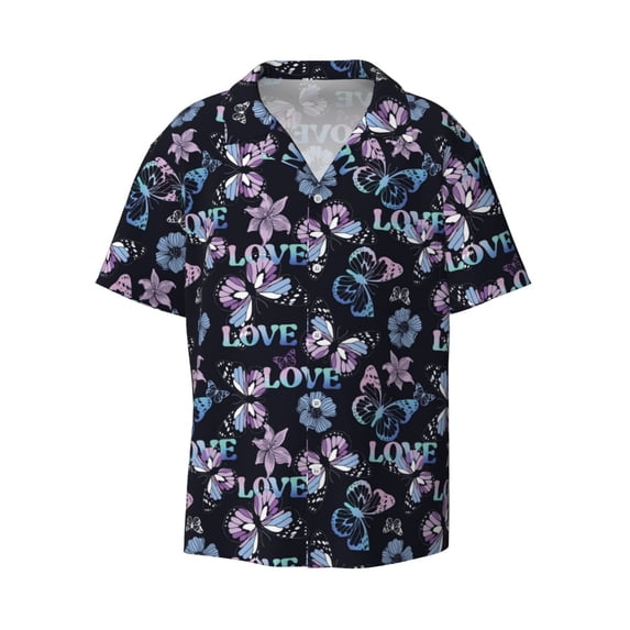 Balery Love Butterflies Men's Casual Button Down Shirt Short Sleeve Textured Summer Cuban Beach Shirts-Small