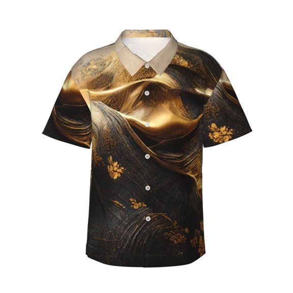 Balery Luxurious Gold Flow Print Men's Hawaiian Shirts Short Sleeve Beach Shirt Relaxed Fit Vacation Button Down Shirts-XX-Large