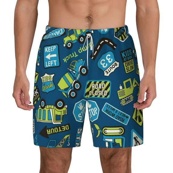 Balery Machinery Road Construction Mens Swim Trunks Swim Shorts for Men Quick Dry Inseam Beach Shorts with Compression Liner Pocket-Medium