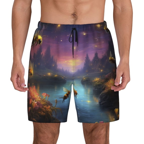 Balery Magical Bees Twilight River Mens Swim Trunks Swim Shorts for Men Quick Dry Inseam Beach Shorts with Compression Liner Pocket-X-Large