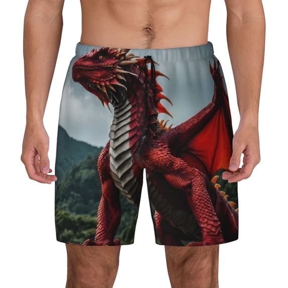 Balery Majestic Red Dragon Mens Swim Trunks Swim Shorts for Men Quick Dry Inseam Beach Shorts with Compression Liner Pocket-3X-Large