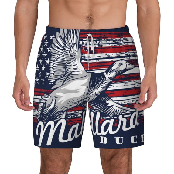 Balery Mallard Duck With American Flag Mens Swim Trunks Swim Shorts for Men Quick Dry Inseam Beach Shorts with Compression Liner Pocket-X-Large