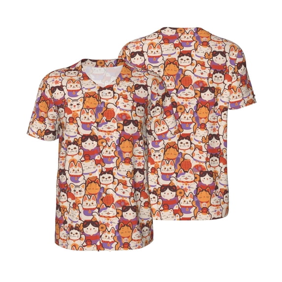 Balery Maneki-Neko Cats Baseball Jersey for Men Casual Button Down Shirts Short Sleeve Active Team Sports Uniform-Large