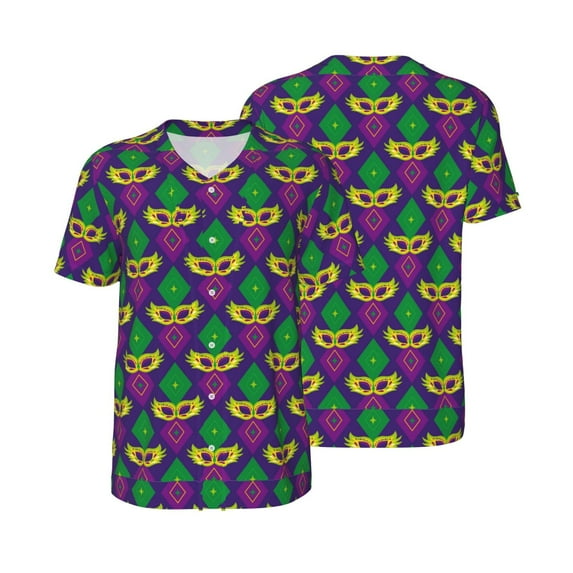 Balery Mardi Gras Carnival3 Baseball Jersey for Men Casual Button Down Shirts Short Sleeve Active Team Sports Uniform-4X-Large
