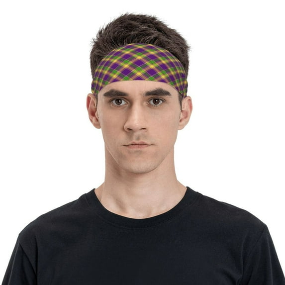 Balery Mardi Gras Plaid Sports Headbands for Men,Moisture Wicking Workout Headband, Sweatband Headbands for Running,Cycling,Football