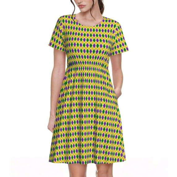 Balery Mardi Gras Purple Yellow Plaid Pattern Womens Dresses Loose Short sleeve Sundresses Swimsuit Coverup 2025 Summer Casual Dress for Women - A-Line Swing Dress