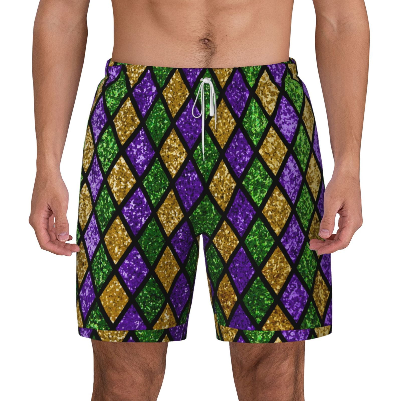 Balery Mardi Gras Shiny Green Purple Mens Swim Trunks Swim Shorts for ...
