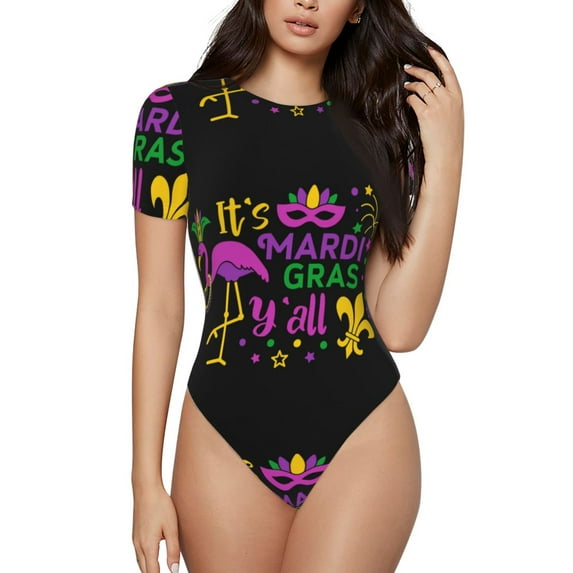 Balery Mardi Gras with Flamingo Women's Short Sleevee Crew Neck Bodysuit Tops Short Sleeve Tops Basic-XX-Large