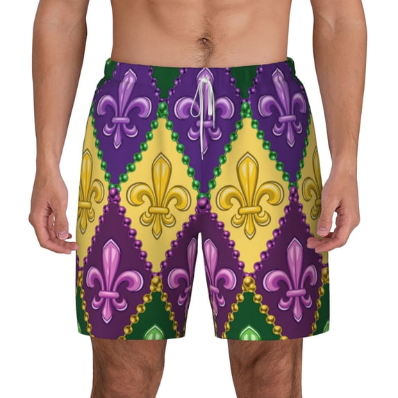 Balery Mardi Gras4 Mens Swim Trunks Swim Shorts for Men Quick Dry Inseam Beach Shorts with Compression Liner Pocket-Large