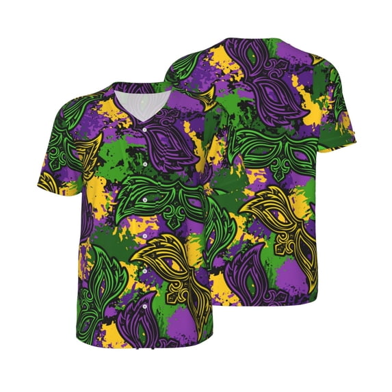 Balery Mardi Gras7 Baseball Jersey for Men Casual Button Down Shirts Short Sleeve Active Team Sports Uniform-Large