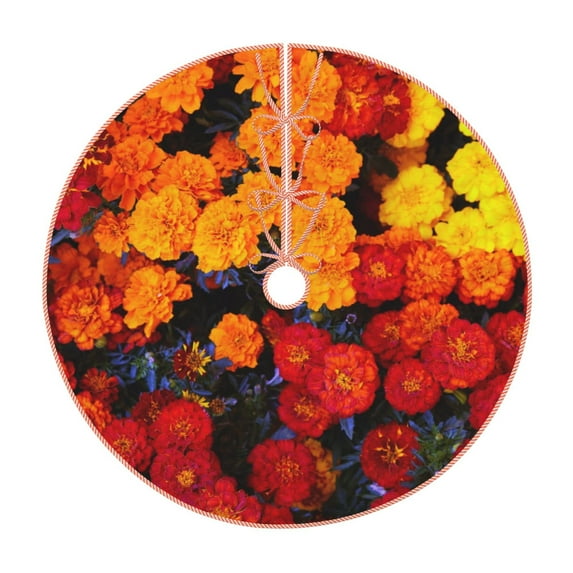 Balery Marigold Flowers In Different Colors Printed Christmas Tree Skirt , Merry Christmas Party Christmas Tree Decoration,Adjustable Tree Skirt-30"