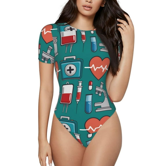 Balery Medical Elements Women's Short Sleevee Crew Neck Bodysuit Tops Short Sleeve Tops Basic-Small
