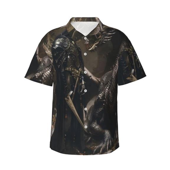 Balery Medieval Knight And Dragon Print Men's Hawaiian Shirts Short Sleeve Beach Shirt Relaxed Fit Vacation Button Down Shirts-XX-Large