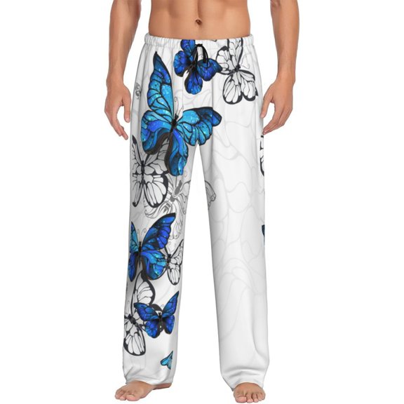 Balery Men'S Blue Flying Butterflies Pants,Sleepwear Pants,Pajama Pants,Pj Bottoms Drawstring And Pockets-Small