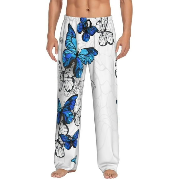 Balery Men'S Blue Flying Butterflies Pants,Sleepwear Pants,Pajama Pants,Pj Bottoms Drawstring And Pockets-Small