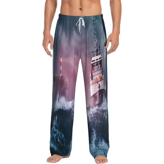 Balery Men'S Boat Lighthouse Storm Waves Pants,Sleepwear Pants,Pajama Pants,Pj Bottoms Drawstring And Pockets-Medium