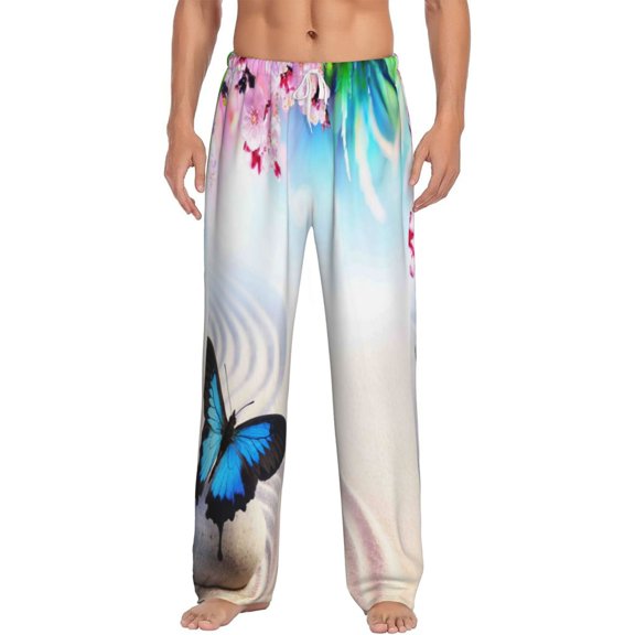 Balery Men'S Butterfly In Blossoms Zen Pants,Sleepwear Pants,Pajama Pants,Pj Bottoms Drawstring And Pockets-Medium