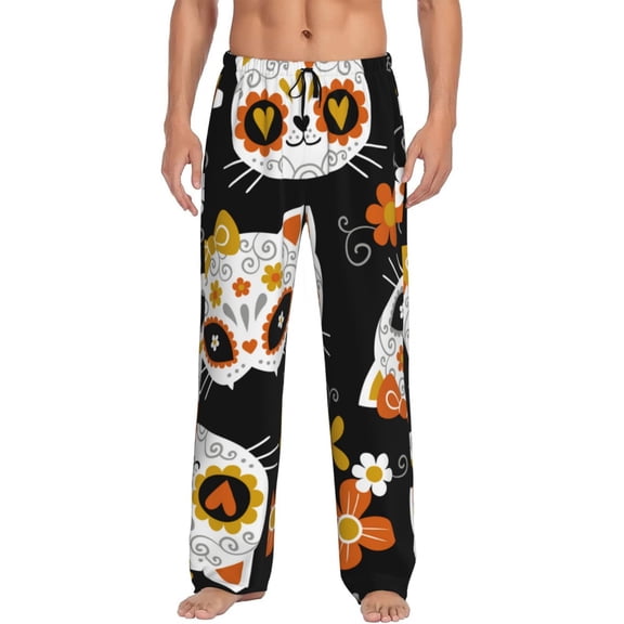 Balery Men'S Cat Skulls And Flowers Pants,Sleepwear Pants,Pajama Pants,Pj Bottoms Drawstring And Pockets-Medium