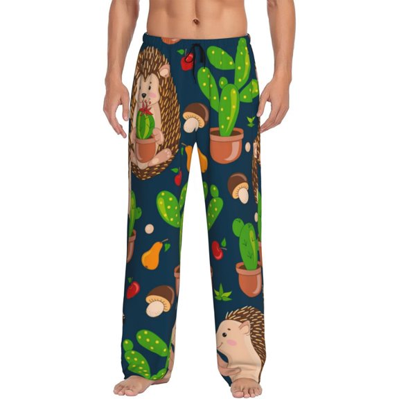Balery Men'S Cute Hedgehogs Cactus Blue Pants,Sleepwear Pants,Pajama Pants,Pj Bottoms Drawstring And Pockets-Medium