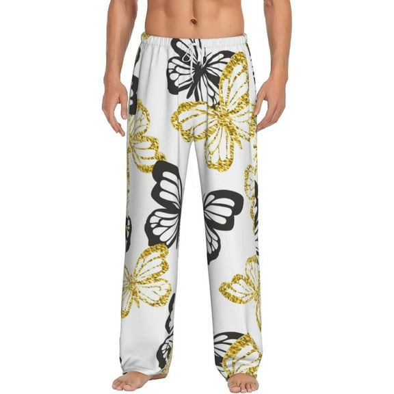Balery Men'S Golden Glitter Butterflies Pants,Sleepwear Pants,Pajama Pants,Pj Bottoms Drawstring And Pockets-Large